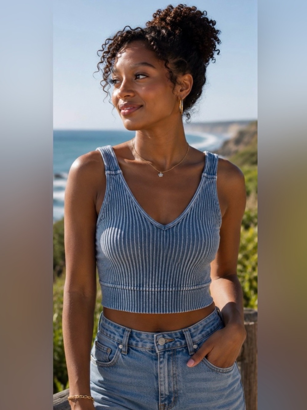 Zenana Outfitters Ribbed V-Neck Crop Tank - Denim Blue